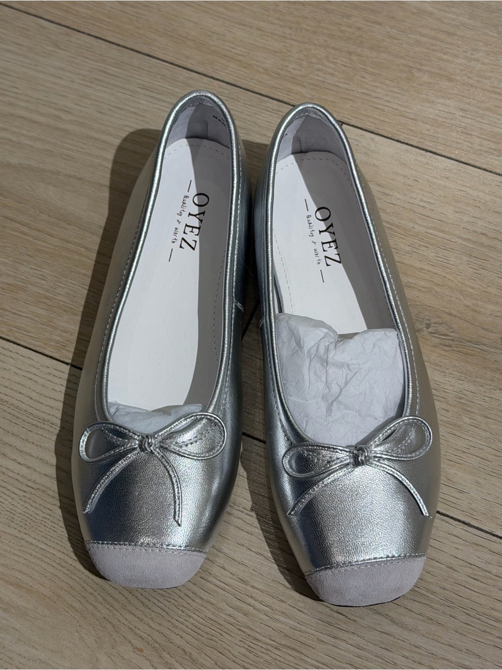 Metallic Silver Ballet Flats with Bow